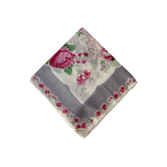 1960s Blooming Pink Roses Floral Design Cotton Lady's Handkerchief - Picture 7 of 7